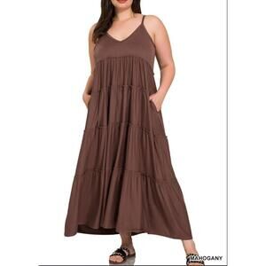 #1459 Zenana NWOT Plus Vneck Cami Maxi Tiered Dress Pockets Sizes 1X-3X Mahogany